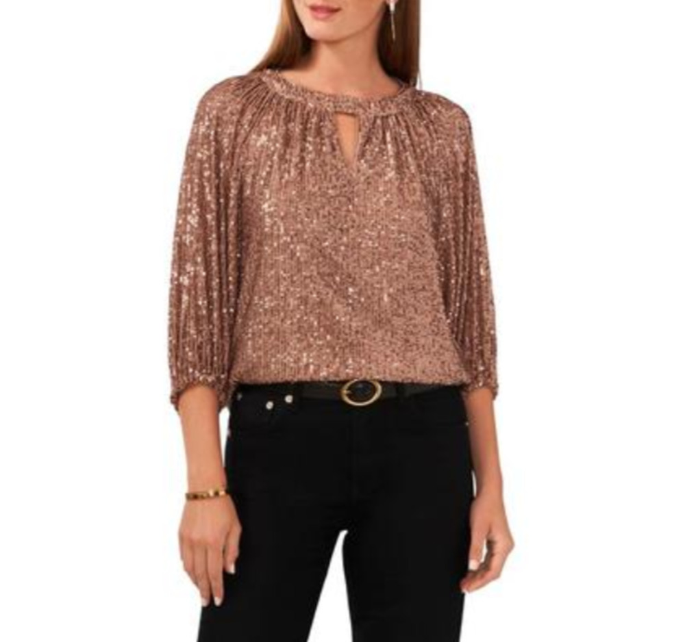 Vince Camuto Women Sequin Keyhole Detail Raglan Sleeve Top Foxtrot Size XL 3864